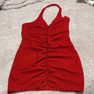 H&M Red Sparkle Halter Neck Ruched Dress
